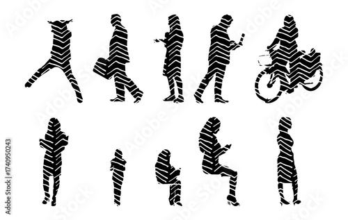 Vector illustration, Outline silhouettes of people, Contour drawing, people silhouette, Icon Set Isolated , Silhouette of sitting people, Architectural set