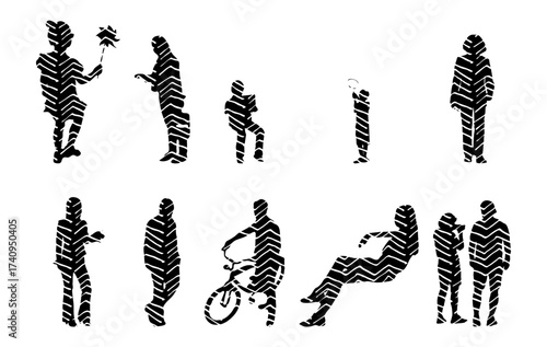 Vector illustration, Outline silhouettes of people, Contour drawing, people silhouette, Icon Set Isolated , Silhouette of sitting people, Architectural set