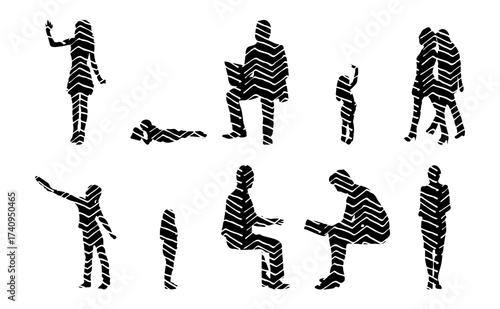 Vector illustration, Outline silhouettes of people, Contour drawing, people silhouette, Icon Set Isolated , Silhouette of sitting people, Architectural set