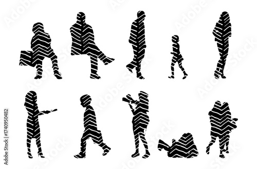 Vector illustration, Outline silhouettes of people, Contour drawing, people silhouette, Icon Set Isolated , Silhouette of sitting people, Architectural set