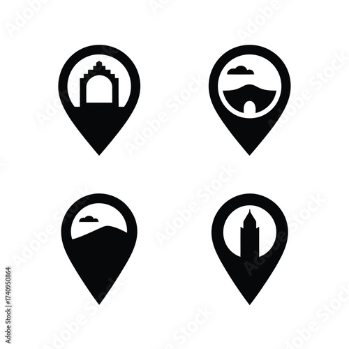 Scalable vector icon set of landmark location pins for travel and navigation applications silhouette vector illustration white background