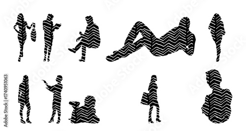 Vector illustration, Outline silhouettes of people, Contour drawing, people silhouette, Icon Set Isolated , Silhouette of sitting people, Architectural set