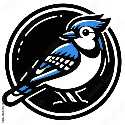 Illustration of a blue jay bird inside a black circle with white accents and feather details shown