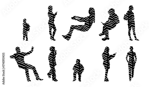 Vector illustration, Outline silhouettes of people, Contour drawing, people silhouette, Icon Set Isolated , Silhouette of sitting people, Architectural set