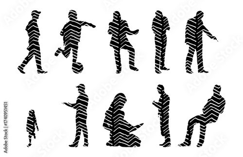 Vector illustration, Outline silhouettes of people, Contour drawing, people silhouette, Icon Set Isolated , Silhouette of sitting people, Architectural set