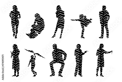 Vector illustration, Outline silhouettes of people, Contour drawing, people silhouette, Icon Set Isolated , Silhouette of sitting people, Architectural set