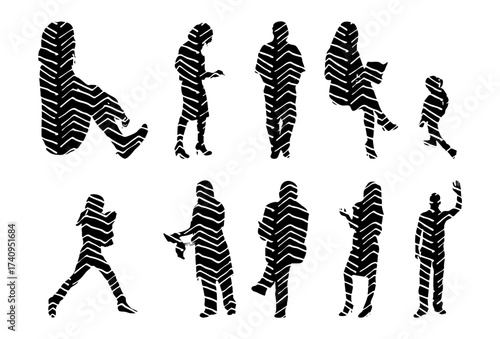 Vector illustration, Outline silhouettes of people, Contour drawing, people silhouette, Icon Set Isolated , Silhouette of sitting people, Architectural set