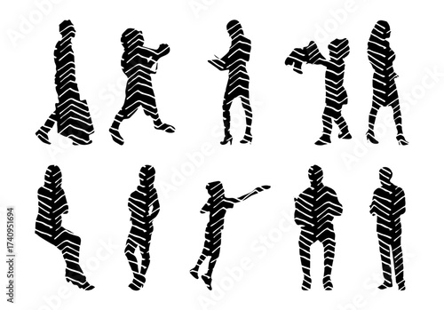 Vector illustration, Outline silhouettes of people, Contour drawing, people silhouette, Icon Set Isolated , Silhouette of sitting people, Architectural set