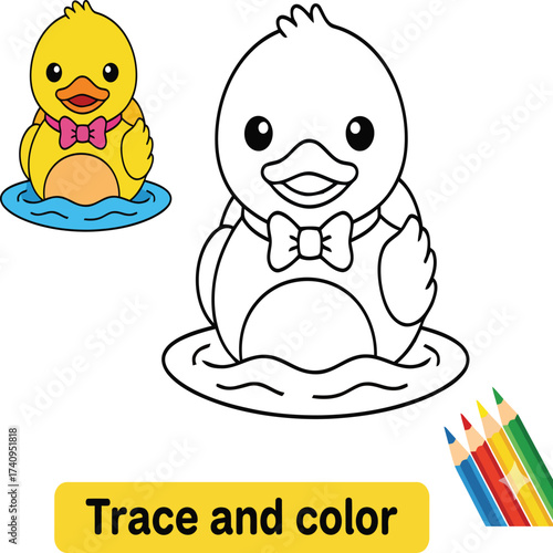 This adorable coloring page features a cute rubber duck with a bowtie, perfect for kids to trace and color. It encourages creativity and adds a splash of fun to bath time art