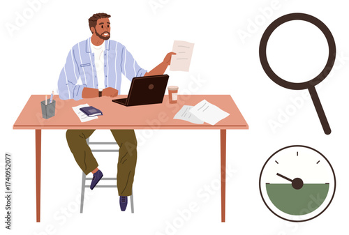 Man sitting at a desk with laptop, papers, tools, magnifying glass, and clock. Ideal for productivity, analysis, research time management business focus and workload balance themes. Clear flat