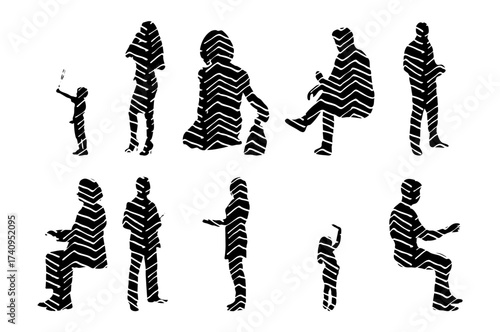 Vector illustration, Outline silhouettes of people, Contour drawing, people silhouette, Icon Set Isolated , Silhouette of sitting people, Architectural set