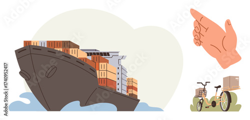 Cargo ship stacked with containers in water, delivery tricycle carrying box, and pointing hand emphasizing shipping routes. Ideal for trade, transportation, commerce, supply chain, delivery