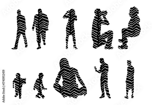 Vector illustration, Outline silhouettes of people, Contour drawing, people silhouette, Icon Set Isolated , Silhouette of sitting people, Architectural set