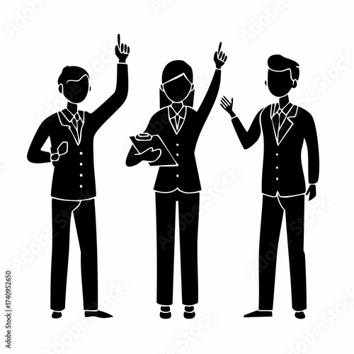 Business team in action: A silhouette of a business team, united, pointing and demonstrating leadership, and representing focus and strategy.