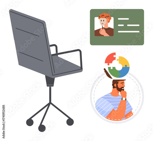 Office chair beside ID with profile photo and details, man contemplating under puzzle-shaped idea. Ideal for identity, brainstorming, creativity, workspace, career, problem-solving, minimalistic flat