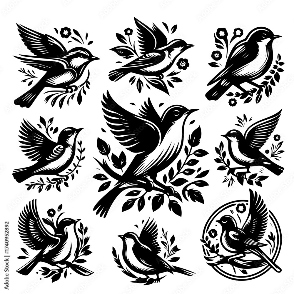 Obraz premium Collection of artistic black and white bird illustrations with floral and foliage elements in various poses