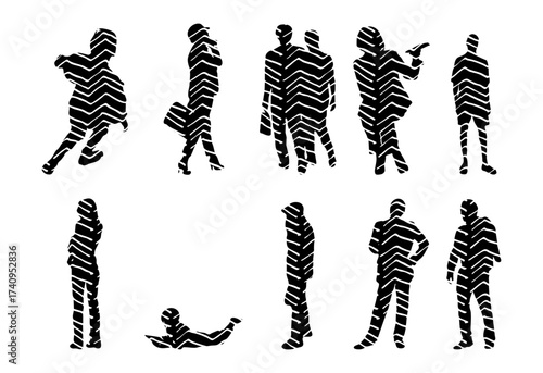 Vector illustration, Outline silhouettes of people, Contour drawing, people silhouette, Icon Set Isolated , Silhouette of sitting people, Architectural set