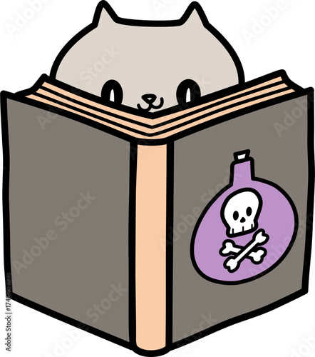 color halloween doodle cat reading poison book 