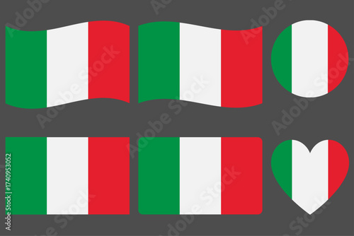 Flag of Italy. Flag icon. Standard colours. wave flag Standard sizes. Rectangular flag. Computer illustration. Italian flag in round and heart shape. Vector illustration.