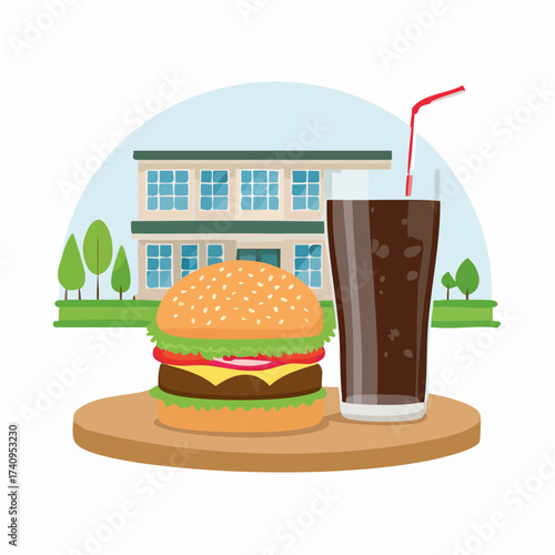 Vector fast food and drink icons featuring a delicious isolated cheeseburger with meat, lettuce, tomato, and sesame seed bun, perfect for a quick lunch or dinner meal