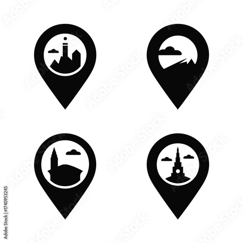Four silhouette location pin icons representing diverse landmarks for your next project vector silhouette vector illustration white background