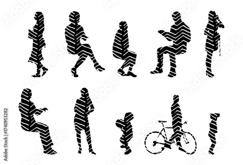 Vector illustration, Outline silhouettes of people, Contour drawing, people silhouette, Icon Set Isolated , Silhouette of sitting people, Architectural set