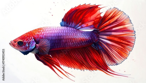 Watercolor Painting of a Beautiful and Colorful Betta Fish on White Background
