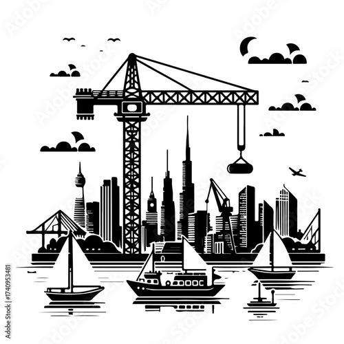 Black and white cityscape with crane skyscrapers boats clouds and birds in a monochrome illustration style