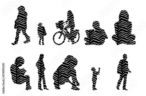 Vector illustration, Outline silhouettes of people, Contour drawing, people silhouette, Icon Set Isolated , Silhouette of sitting people, Architectural set