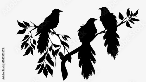 Elegant bird silhouettes perched gracefully on branches, perfect for nature-inspired designs, creating a peaceful and serene atmosphere with avian beauty