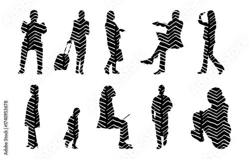 Vector illustration, Outline silhouettes of people, Contour drawing, people silhouette, Icon Set Isolated , Silhouette of sitting people, Architectural set