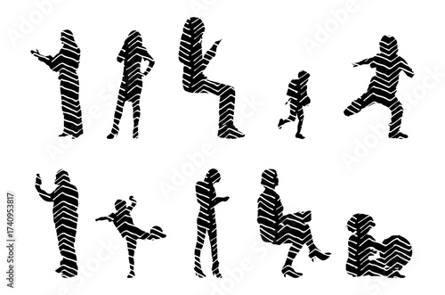 Vector illustration, Outline silhouettes of people, Contour drawing, people silhouette, Icon Set Isolated , Silhouette of sitting people, Architectural set