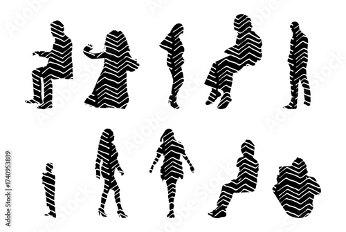 Vector illustration, Outline silhouettes of people, Contour drawing, people silhouette, Icon Set Isolated , Silhouette of sitting people, Architectural set