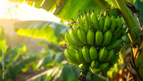 bunch of raw green bananas attached with tree branch, banana tree.