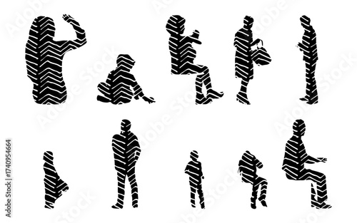 Vector illustration, Outline silhouettes of people, Contour drawing, people silhouette, Icon Set Isolated , Silhouette of sitting people, Architectural set