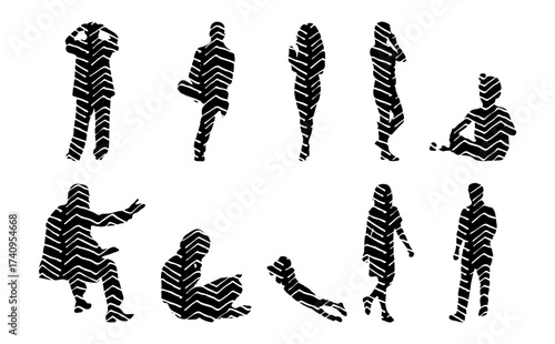 Vector illustration, Outline silhouettes of people, Contour drawing, people silhouette, Icon Set Isolated , Silhouette of sitting people, Architectural set