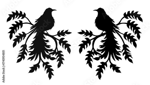 Elegant black bird silhouettes perched on a detailed leafy branch arrangement, perfect for artistic designs and nature themes