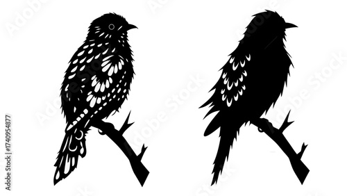 Elegant black bird silhouettes perched on branch, perfect for design projects, adding a touch of nature and sophisticated artistry