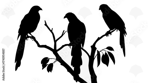 Three majestic birds perched gracefully on a branch, creating a stunning silhouette against a clean backdrop, perfect for design or art