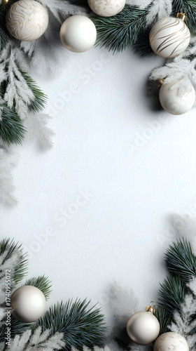 White Christmas background with brunches and Christmas balls