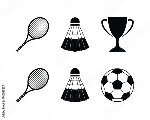Set of six black and white sports icons tennis racquet shuttlecock trophy soccer ball vector illustration silhouette vector illustration white background
