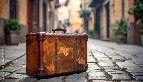 A worn vintage suitcase sits on a cobblestone street, suggesting travel & adventure. Blurry background features buildings and a narrow alley