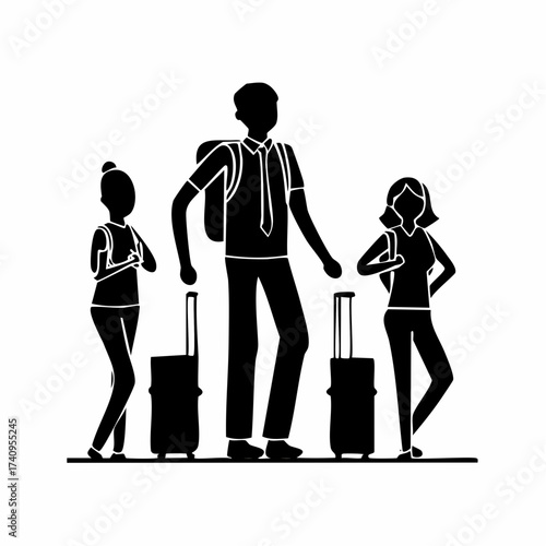 Travel Silhouette: A family or group of friends stand ready for adventure, each with a suitcase and backpack, a monochrome illustration capturing the excitement of the journey ahead.