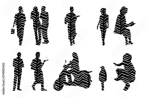 Vector illustration, Outline silhouettes of people, Contour drawing, people silhouette, Icon Set Isolated , Silhouette of sitting people, Architectural set