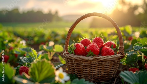 A woven basket brimming with vibrant, ripe red berries, set amidst lush green plants in a sun-drenched field, bathed in warm light