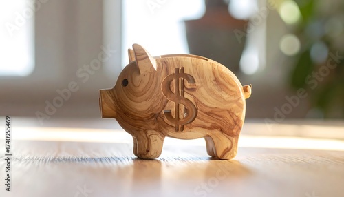 A wooden piggy bank with a dollar sign carved into its side sits on a light-colored wooden table. Sunlight streams in from the window