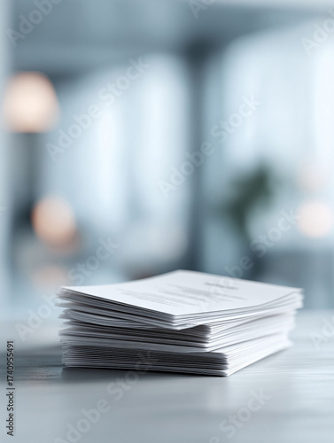 Stack of clean white documents on a bright desk, symbolizing workload, office administration, or paperwork. Ideal for conveying concepts of organization and efficiency.