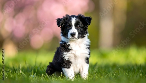 A young black and white dog sits in the grass, looking directly at the camera. The background is blurred, with hints of pink