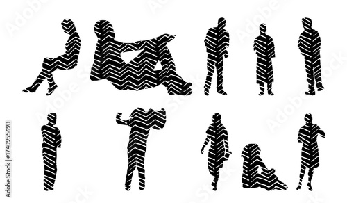Vector illustration, Outline silhouettes of people, Contour drawing, people silhouette, Icon Set Isolated , Silhouette of sitting people, Architectural set