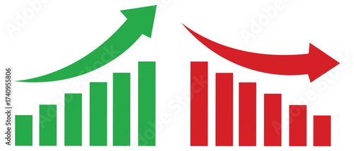  Growth up and down vector icon set. Stock market trend increase and decrease sign. Upward or downward  bar chart, profit and loss statistics. Chart with increase, decrease. Vector illustration.